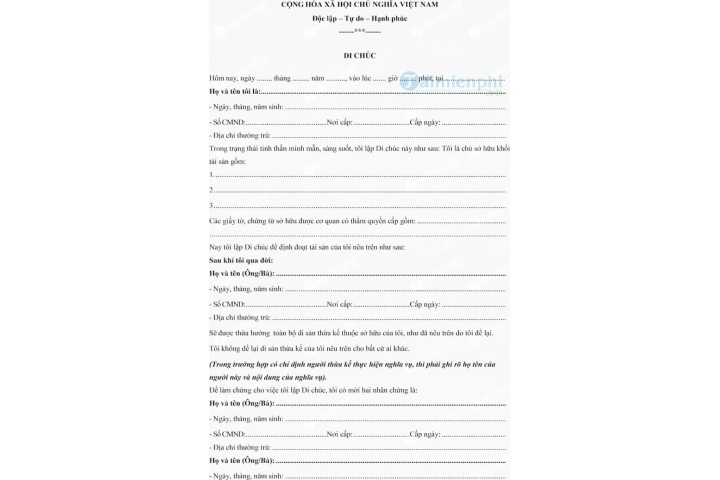 Mẫu di chúc có người làm chứng, Mẫu di chúc, chia tài sản thừa kế -tai
