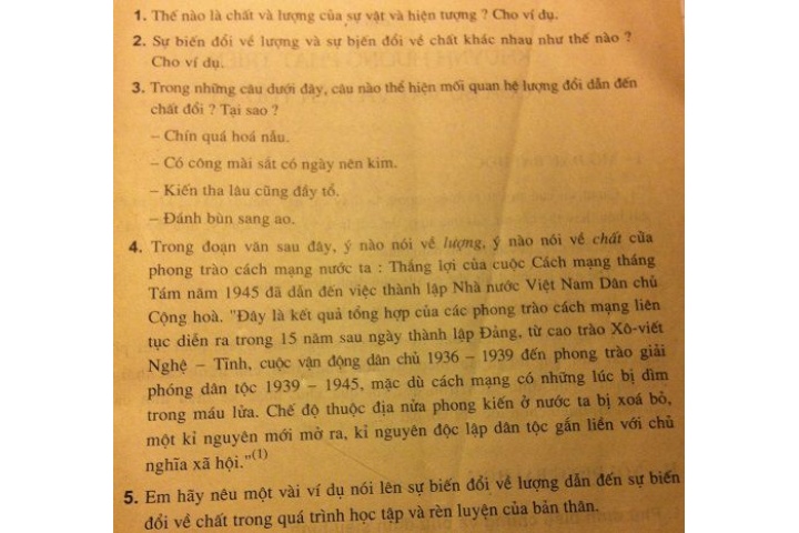 Thế nào là chất và lượng của sự vật và hiện tượng? Cho ví dụ. Sự ...