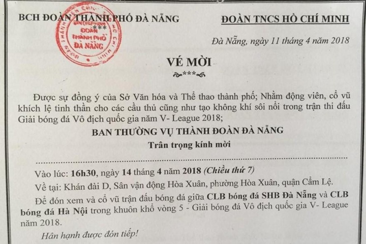 Đà Nẵng: Phát 1.500 vé miễn phí xem bóng đá V - League cho thanh niên