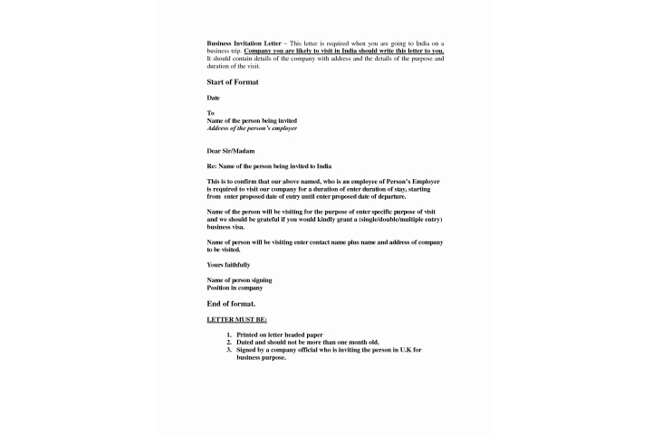 Invitation Letter Format For Tourist Visa Application India