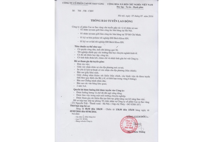 Thông báo tuyển lao động – tháng 5/2016 | Công Ty Cổ Phần Cao su Sao ...