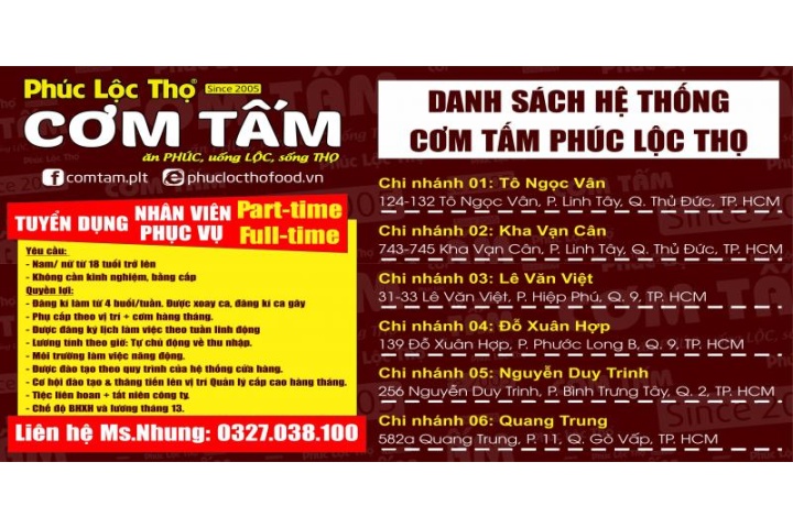 Nhân Viên Phục Vụ Part Time/Full time Tại Các Quận Thủ Đức, Q.9, Q.2 ...
